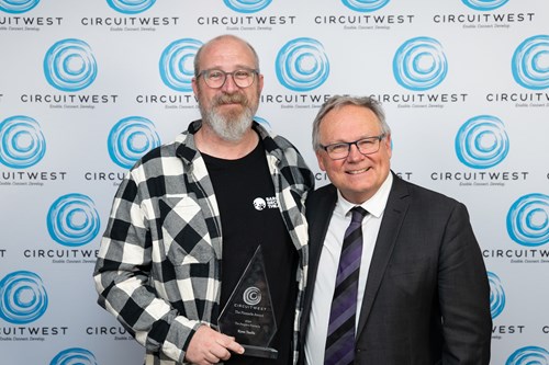 Barking Gecko Theatre CEO & Executive Producer, Ryan Taaffe holding the CircuitWest People's Pinnacle trophy and pictured with Minister for Culture and the Arts; Sport and Recreation; International Education; Heritage, Hon David Templeman